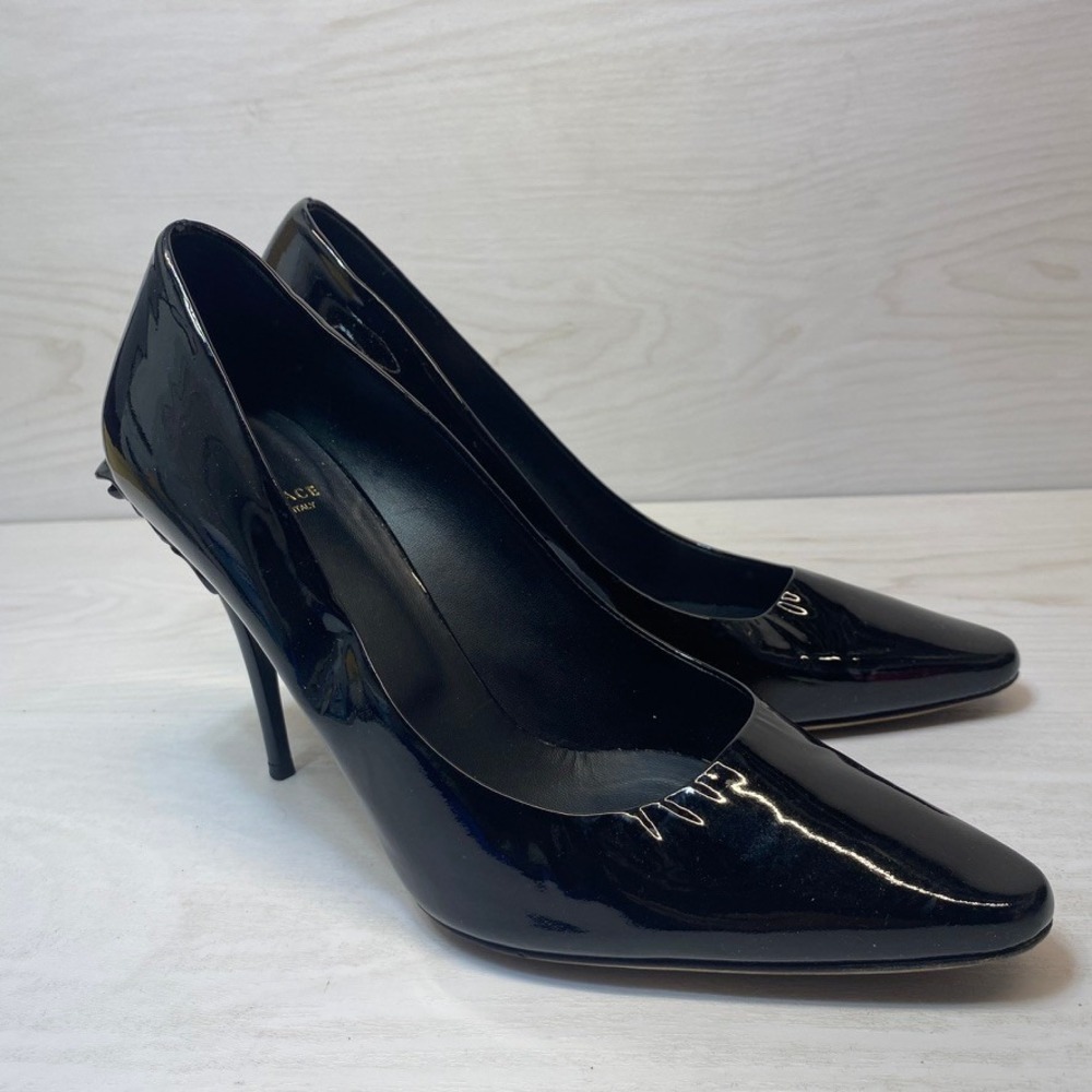 Versace Womens 40.5 Pumps Medusa Head Heel Black Patent Leather Stiletto Italy
